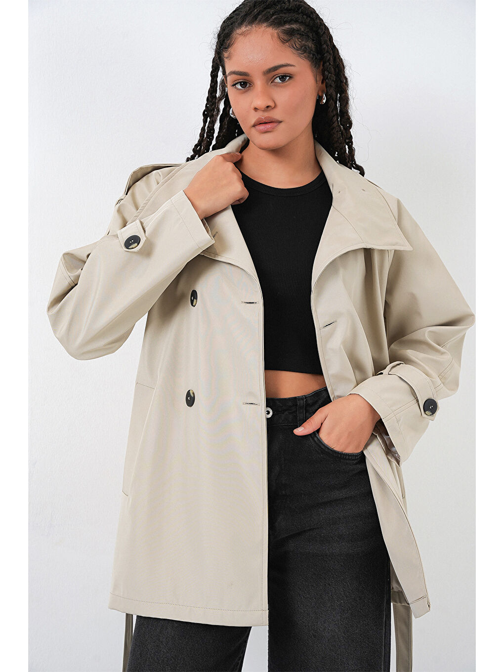 Kadın Kruvaze Yaka Kısa Trençkot 5980 - Bej-3