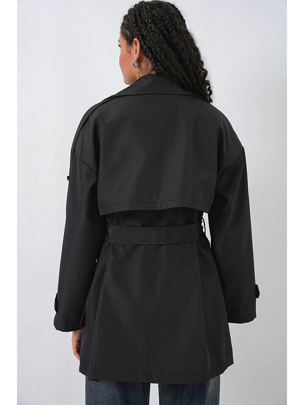 Kadın Kuşaklı Kısa Trençkot 5974 - Siyah-7