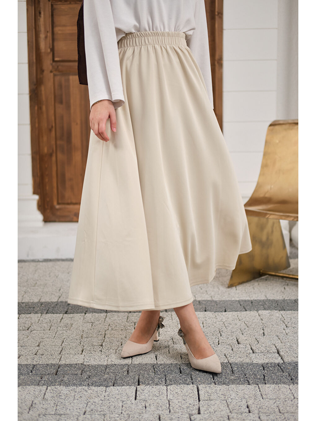 Kadın Beli Lastikli Scuba Etek Bej-3