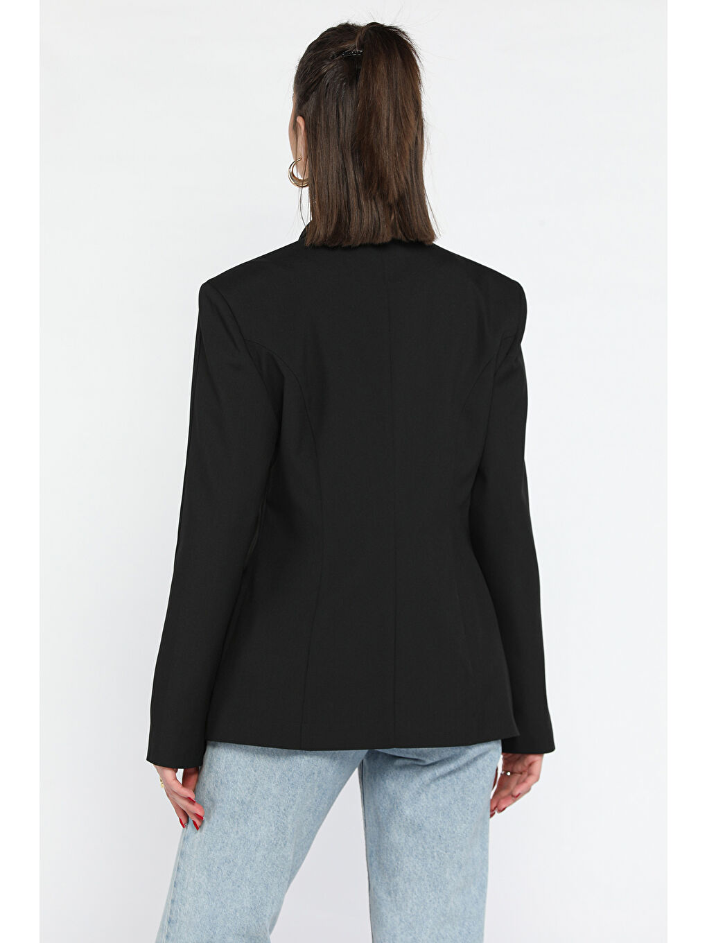 Siyah Kadın Düğme Detaylı Kruvaze Yaka Blazer Ceket-2
