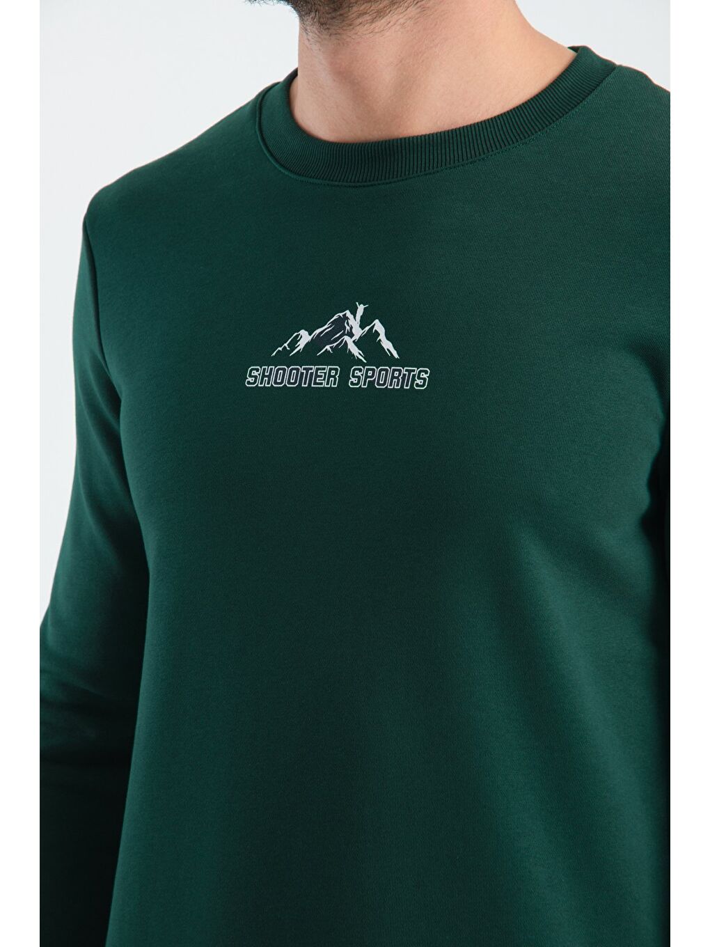 Koyu Yeşil Erkek Üç İplik Sweatshirt Şardonsuz Pamuklu Regular Fit Bisiklet Yaka Spor Sweat-3
