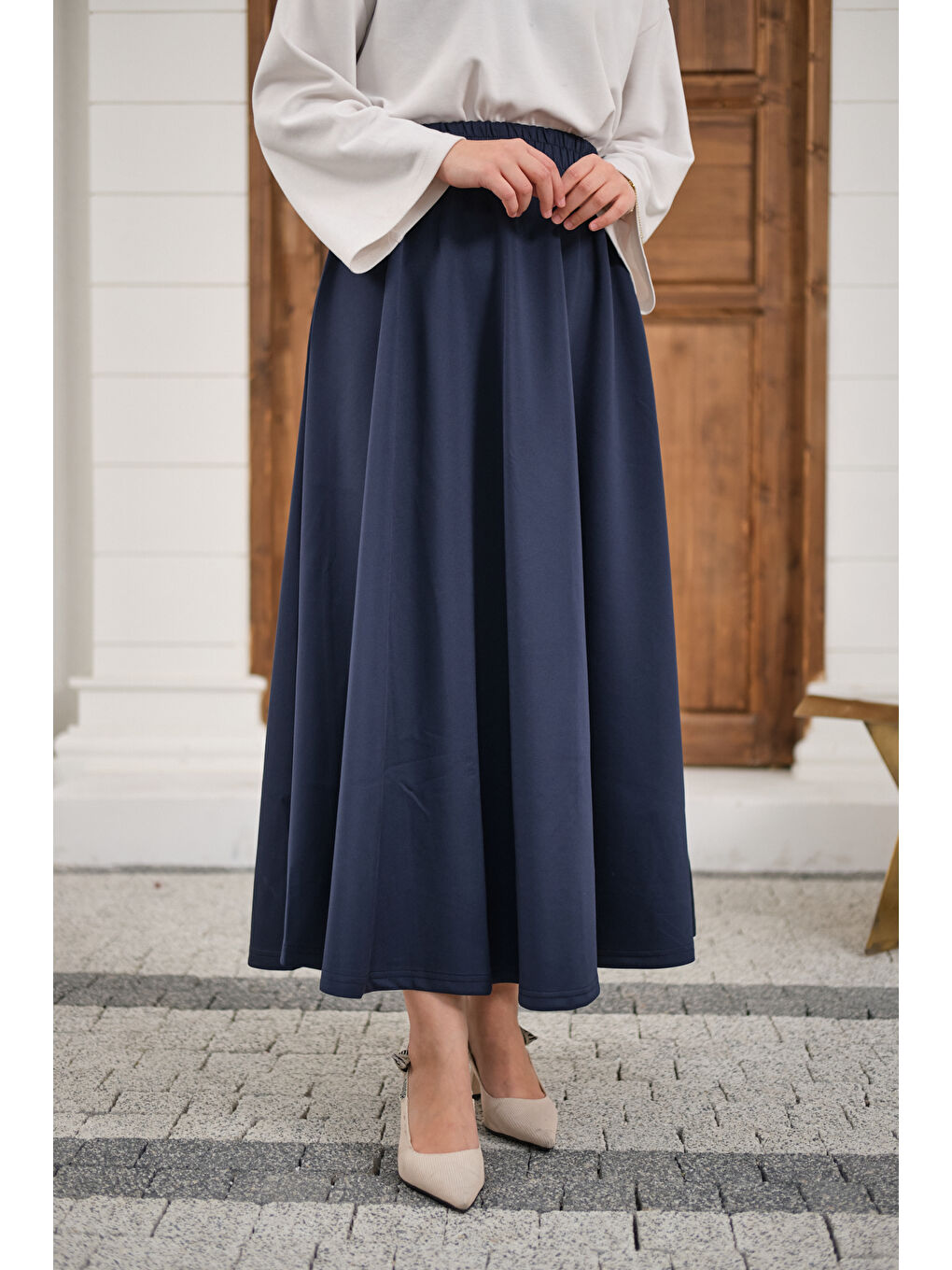 Kadın Beli Lastikli Scuba Etek Lacivert-3