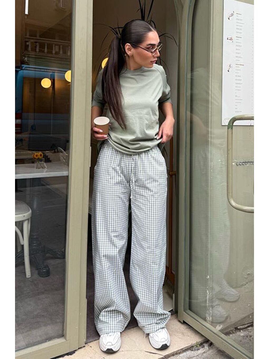 Açık Yeşil Pötikareli Bol Paça Kadın Pantolon Mg2335-4