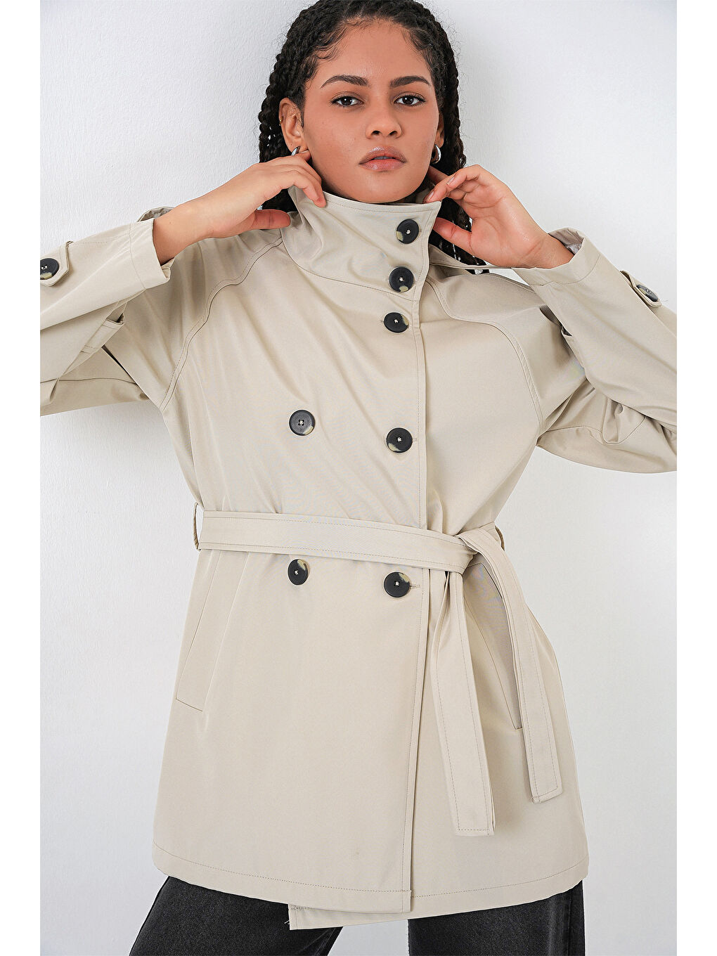 Kadın Kruvaze Yaka Kısa Trençkot 5980 - Bej-4