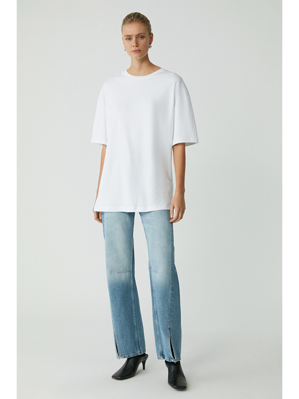 Vivian Kadın %100 Organik Pamuklu Oversize Fit Bisiklet Yaka Basic Ekru Büyük Beden T-shirt-1