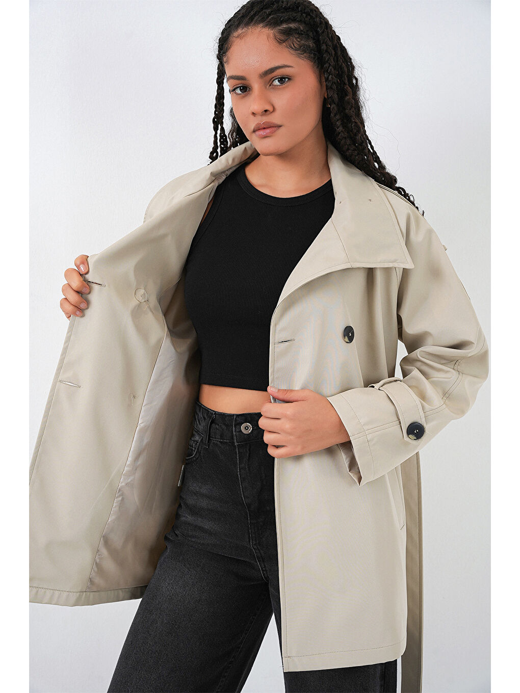 Kadın Kruvaze Yaka Kısa Trençkot 5980 - Bej-5