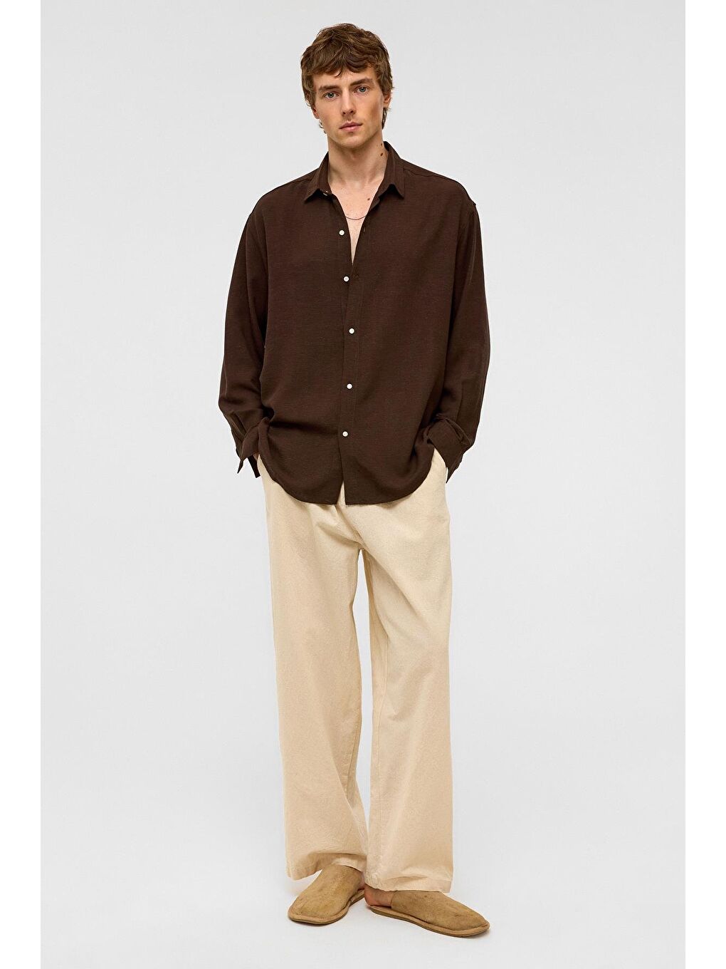Kahverengi Oversize Uzun Kollu Keten Gömlek Kahve