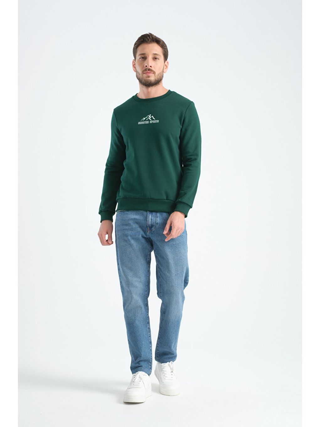 Koyu Yeşil Erkek Üç İplik Sweatshirt Şardonsuz Pamuklu Regular Fit Bisiklet Yaka Spor Sweat-5