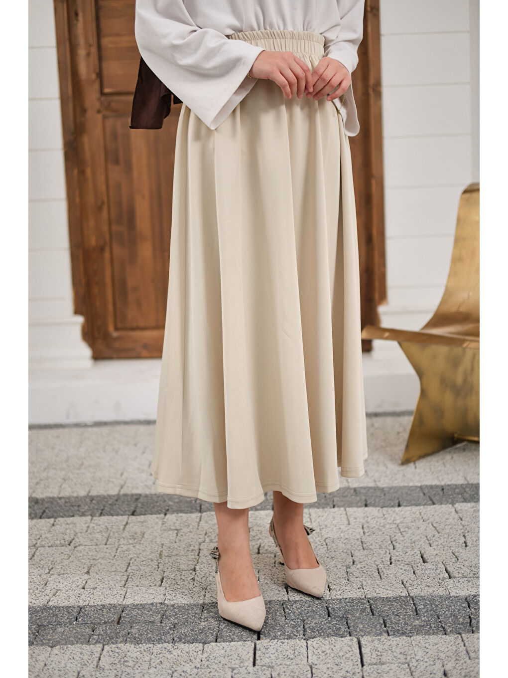 Kadın Beli Lastikli Scuba Etek Bej-4