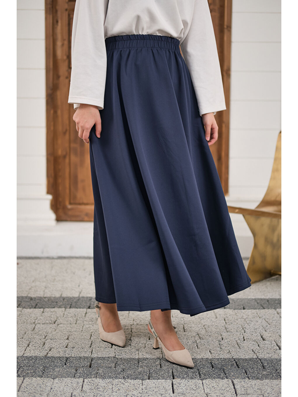 Kadın Beli Lastikli Scuba Etek Lacivert-4