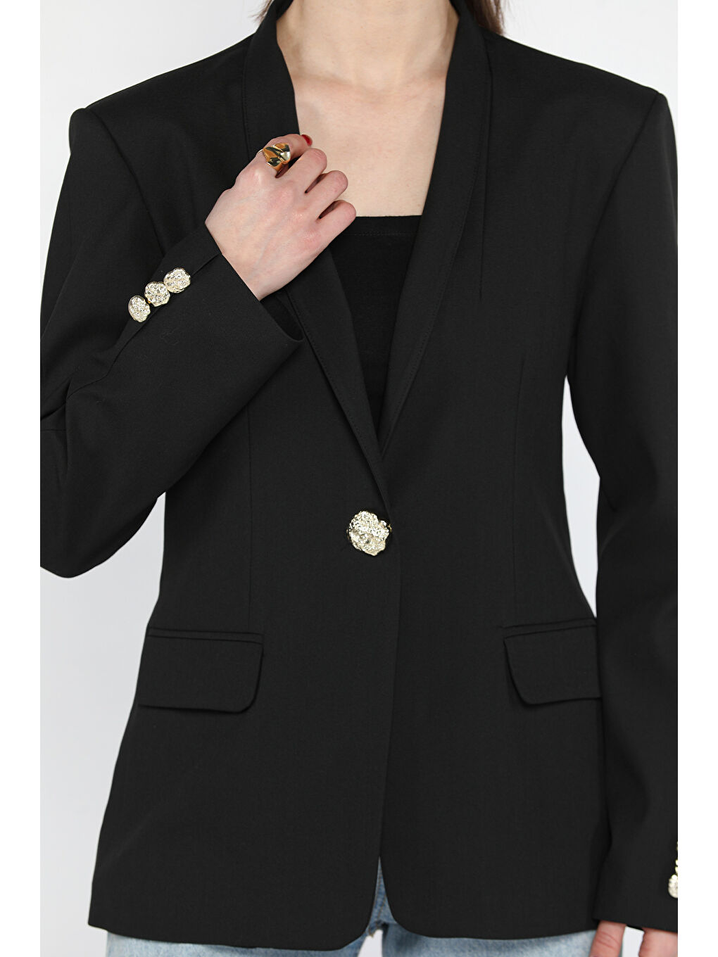 Siyah Kadın Düğme Detaylı Kruvaze Yaka Blazer Ceket-3