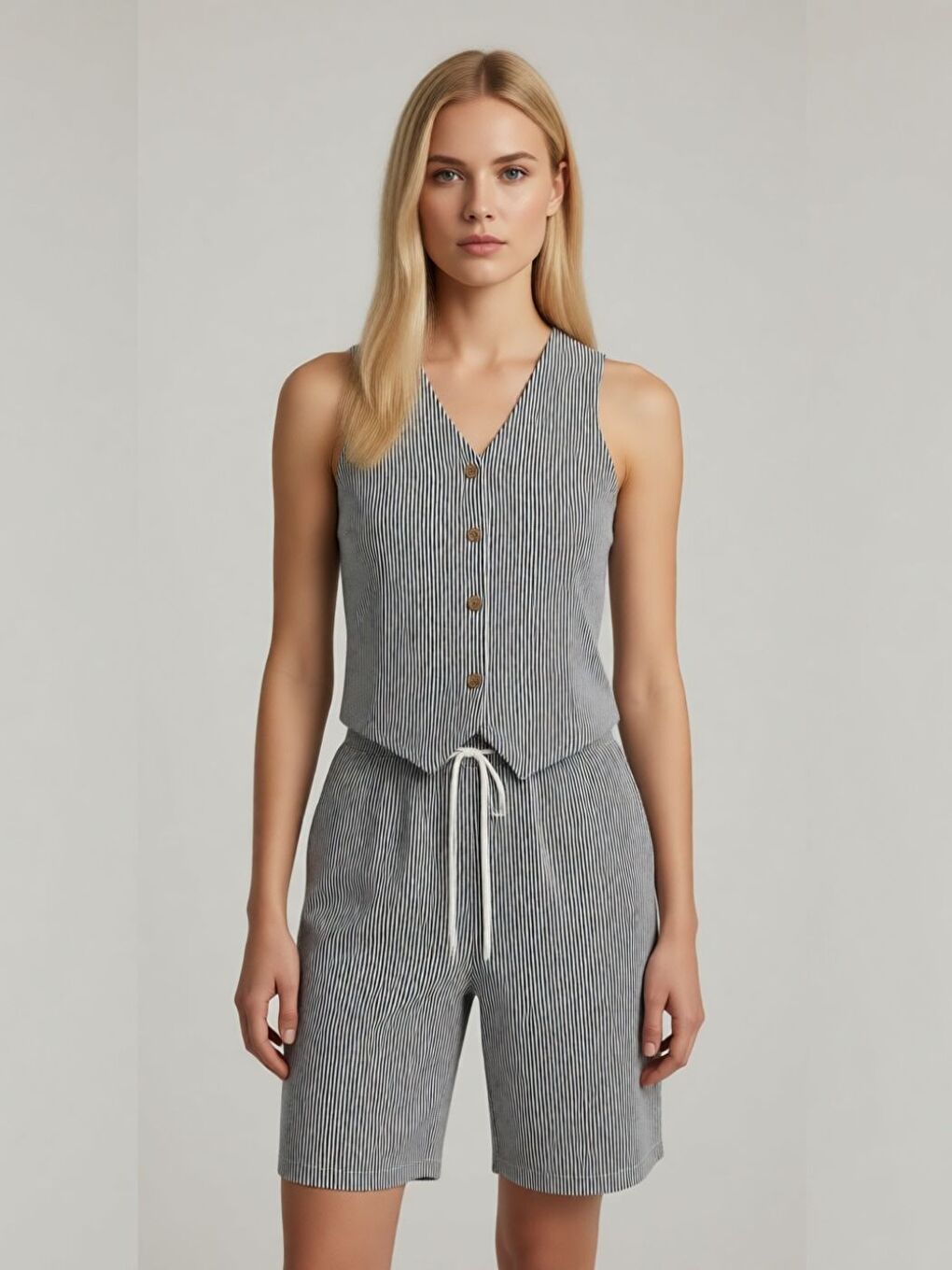 Lacivert Laci V Yaka Yelek Şort Dokuma Şeritli Jakarlı Alt-Üst Takım-1