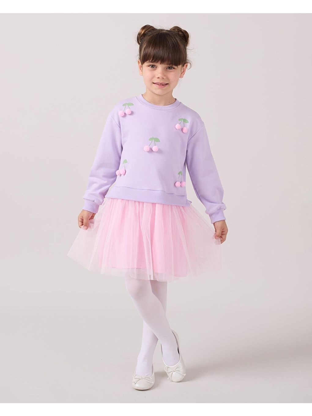 Lila Kız Çocuk Pamuklu Kiraz Aplikeli Pembe Tüllü