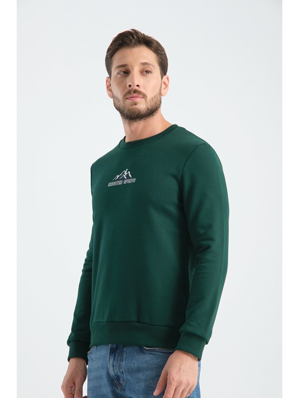 Koyu Yeşil Erkek Üç İplik Sweatshirt Şardonsuz Pamuklu Regular Fit Bisiklet Yaka Spor Sweat-6