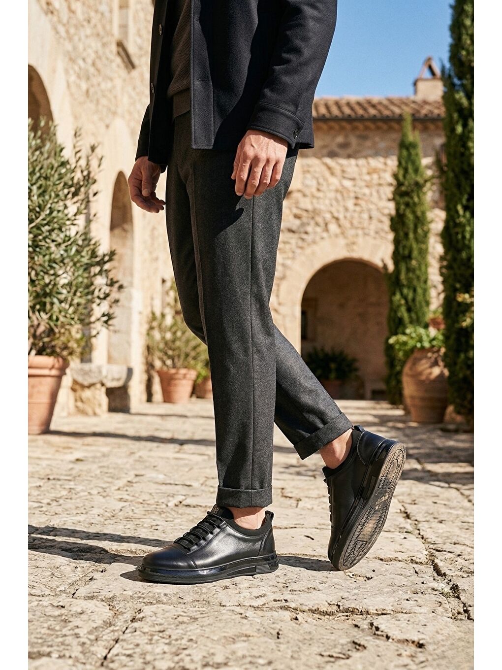 Siyah DUSK Hakiki Deri Erkek Kalın Taban Bağcıklı Günlük Casual Sneaker-6