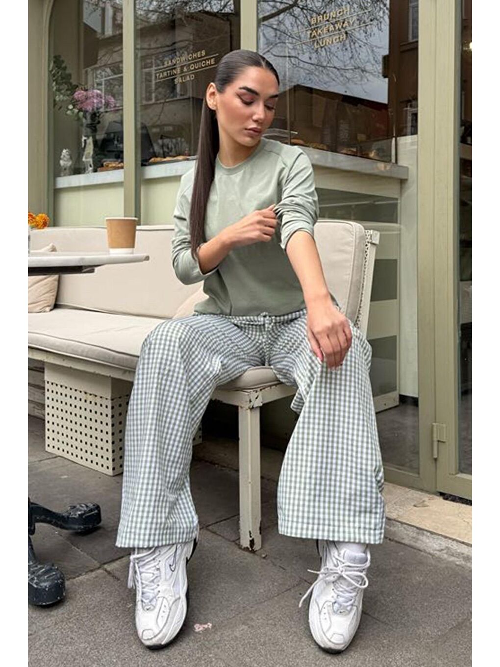 Açık Yeşil Pötikareli Bol Paça Kadın Pantolon Mg2335-6