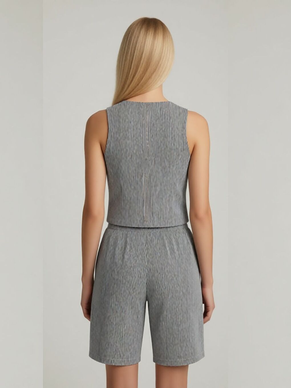 Lacivert Laci V Yaka Yelek Şort Dokuma Şeritli Jakarlı Alt-Üst Takım-2