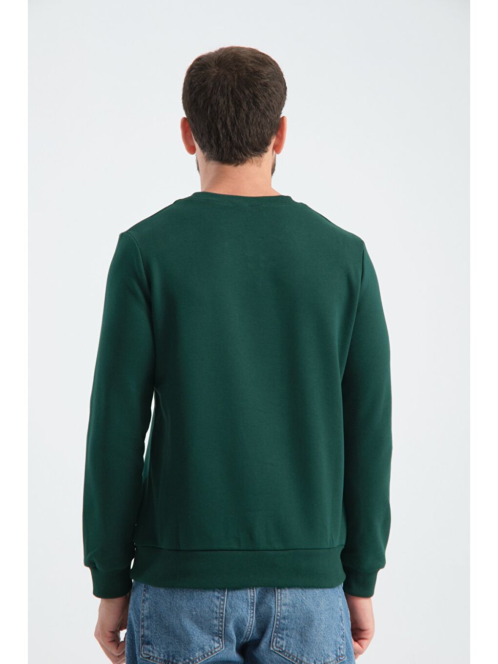 Koyu Yeşil Erkek Üç İplik Sweatshirt Şardonsuz Pamuklu Regular Fit Bisiklet Yaka Spor Sweat-7