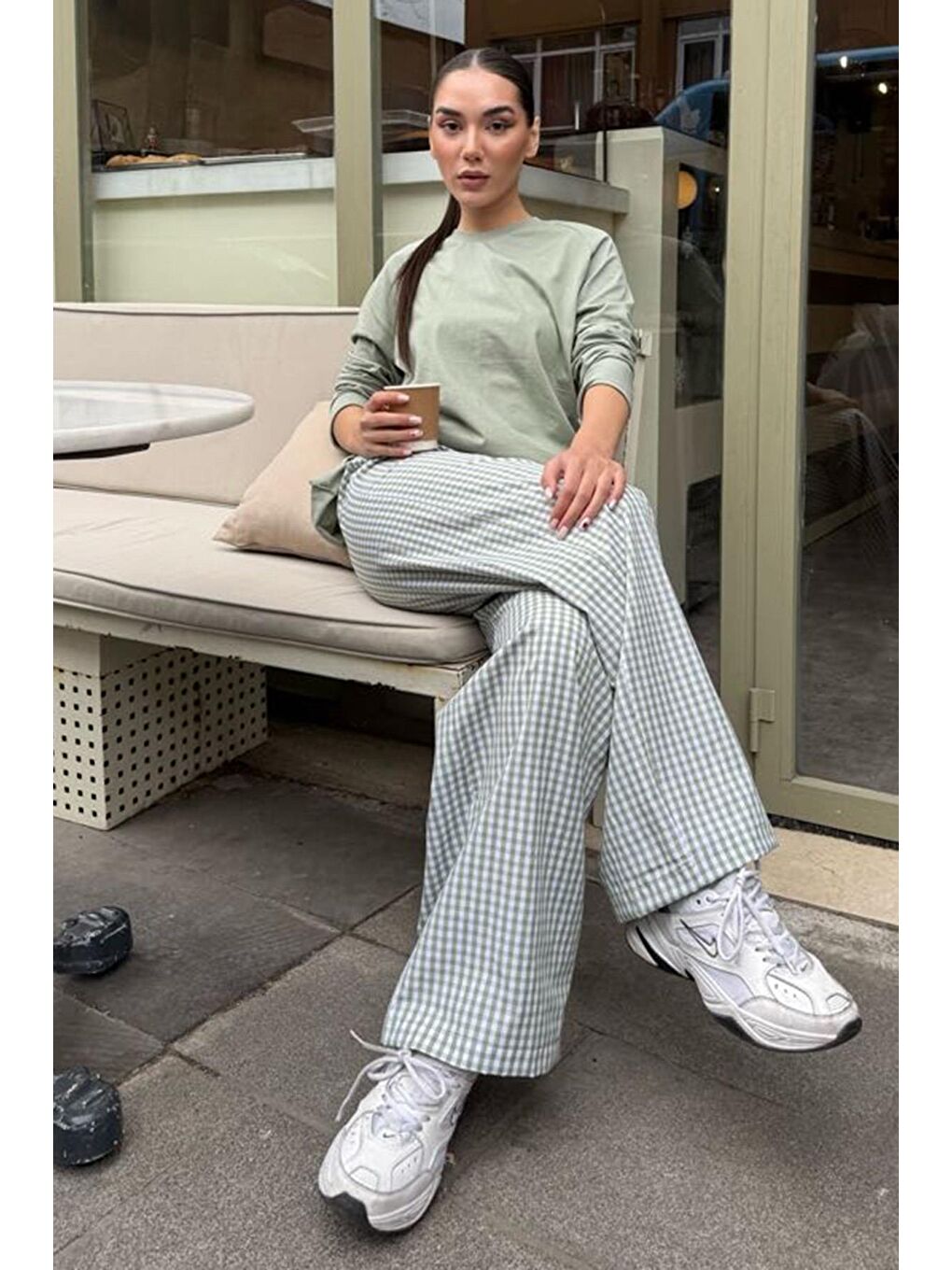 Açık Yeşil Pötikareli Bol Paça Kadın Pantolon Mg2335-7