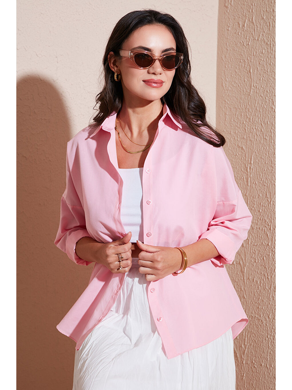 Pembe Pamuk Karışımlı Regular Fit Kadın Gömlek 6772418-1