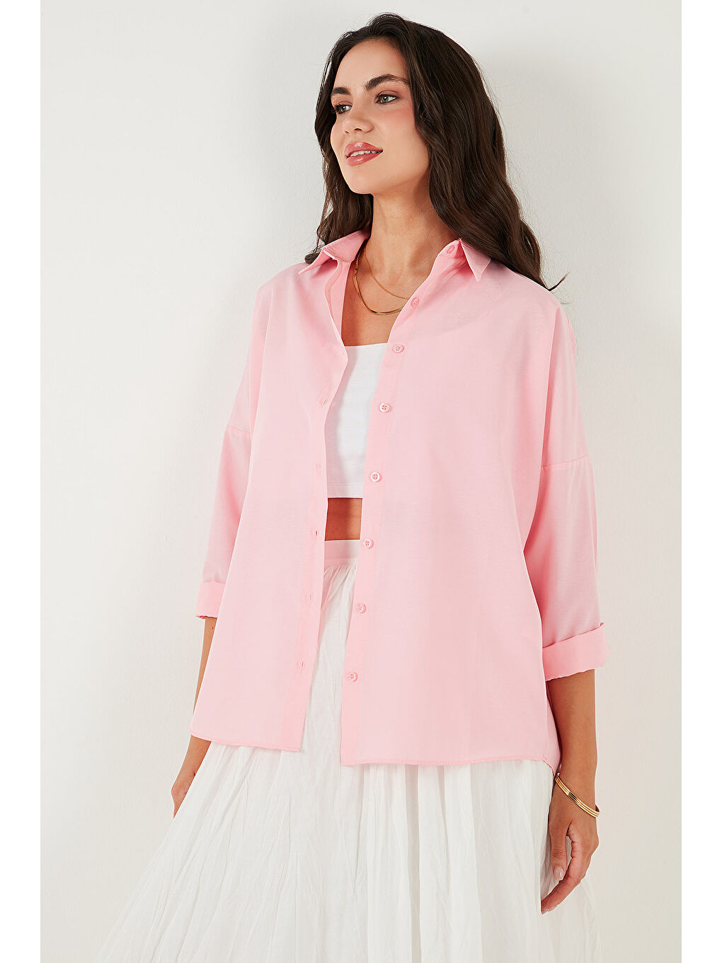 Pembe Pamuk Karışımlı Regular Fit Kadın Gömlek 6772418-2