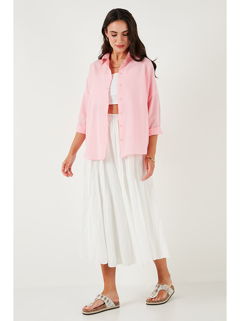 Pembe Pamuk Karışımlı Regular Fit Kadın Gömlek 6772418-3