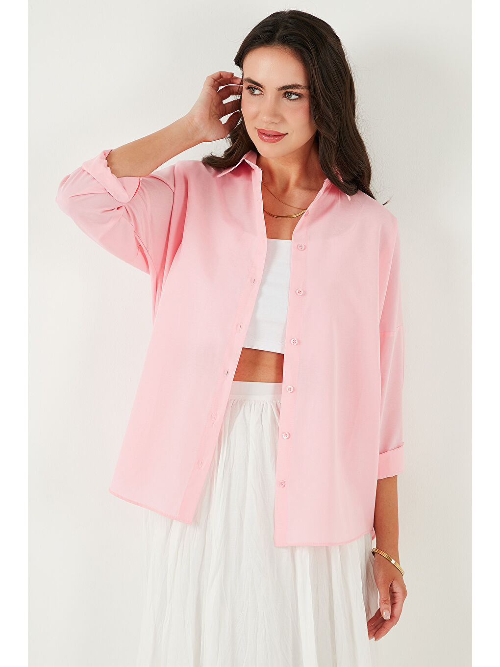 Pembe Pamuk Karışımlı Regular Fit Kadın Gömlek 6772418-5