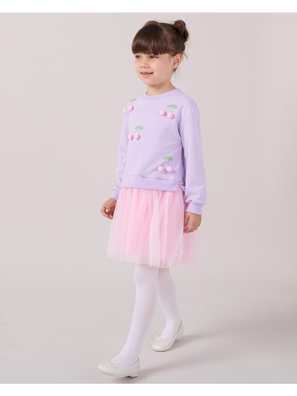 Lila Kız Çocuk Pamuklu Kiraz Aplikeli Pembe Tüllü-2