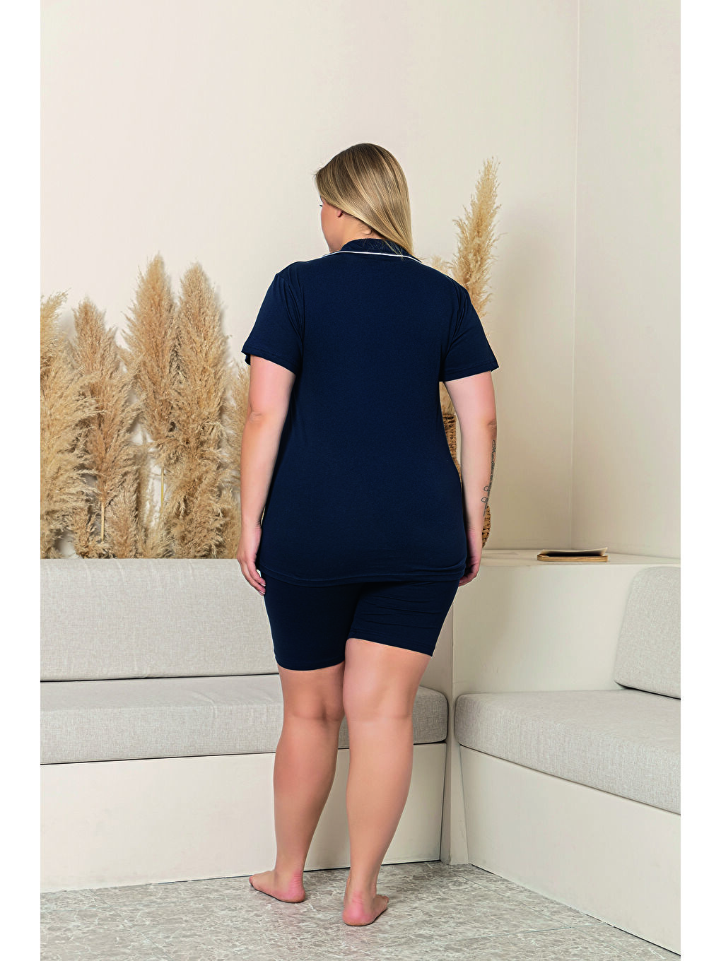Lacivert Kadın %100 Organik Pamuk Doğal Gömlek Yaka Düğmeli Kısa Kollu Biyeli Şortlu Battal Pijama Takımı-2