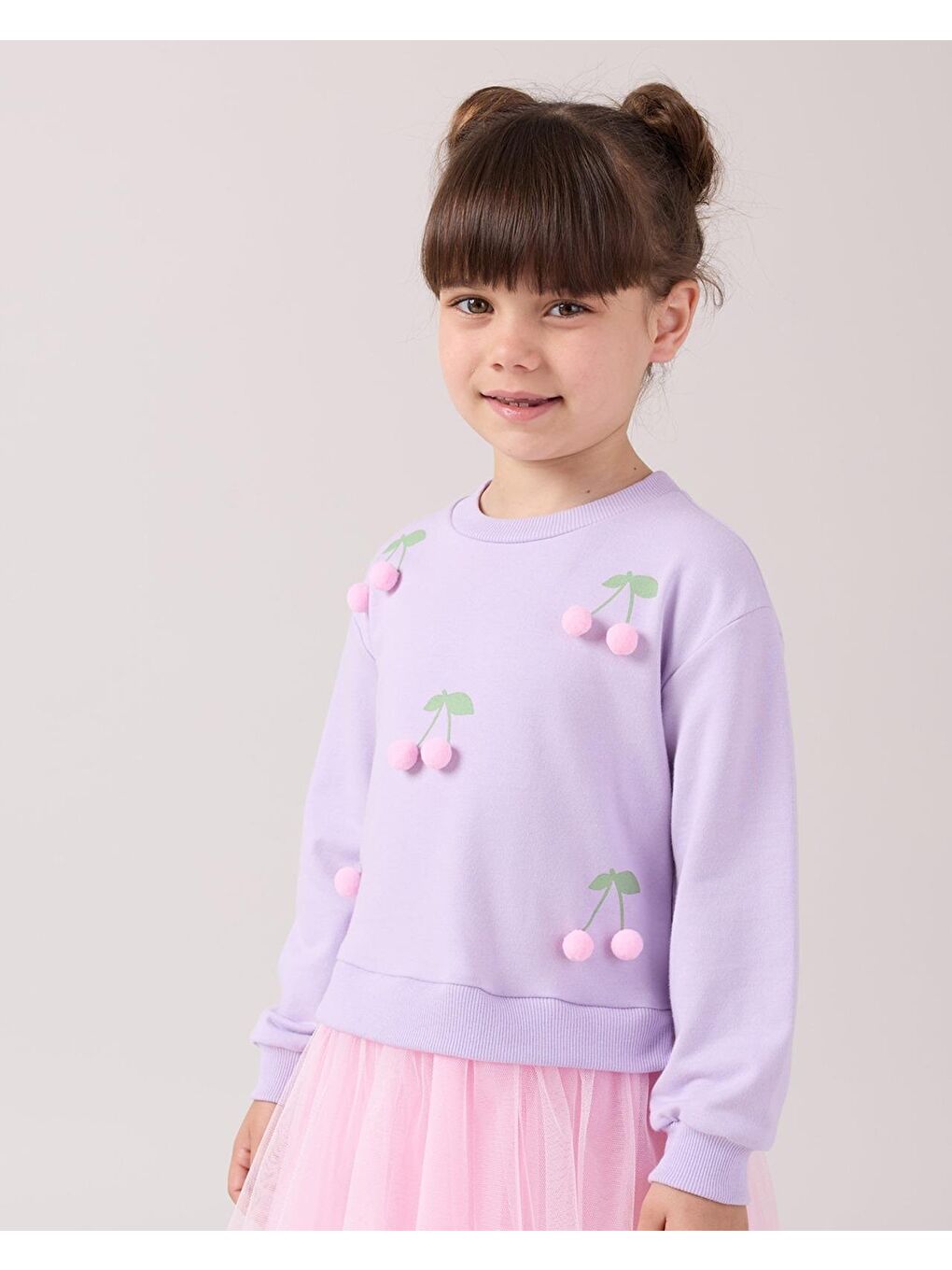 Lila Kız Çocuk Pamuklu Kiraz Aplikeli Pembe Tüllü-3