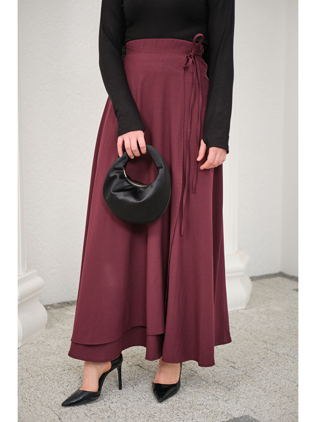 Kadın Yırtmaç Detay Kurdeleli Etek Bordo-2