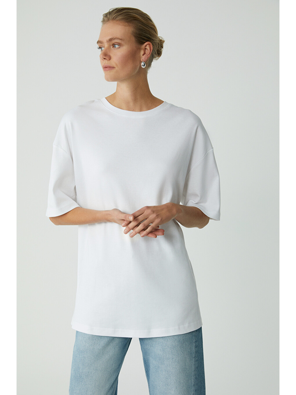 Vivian Kadın %100 Organik Pamuklu Oversize Fit Bisiklet Yaka Basic Ekru Büyük Beden T-shirt-3