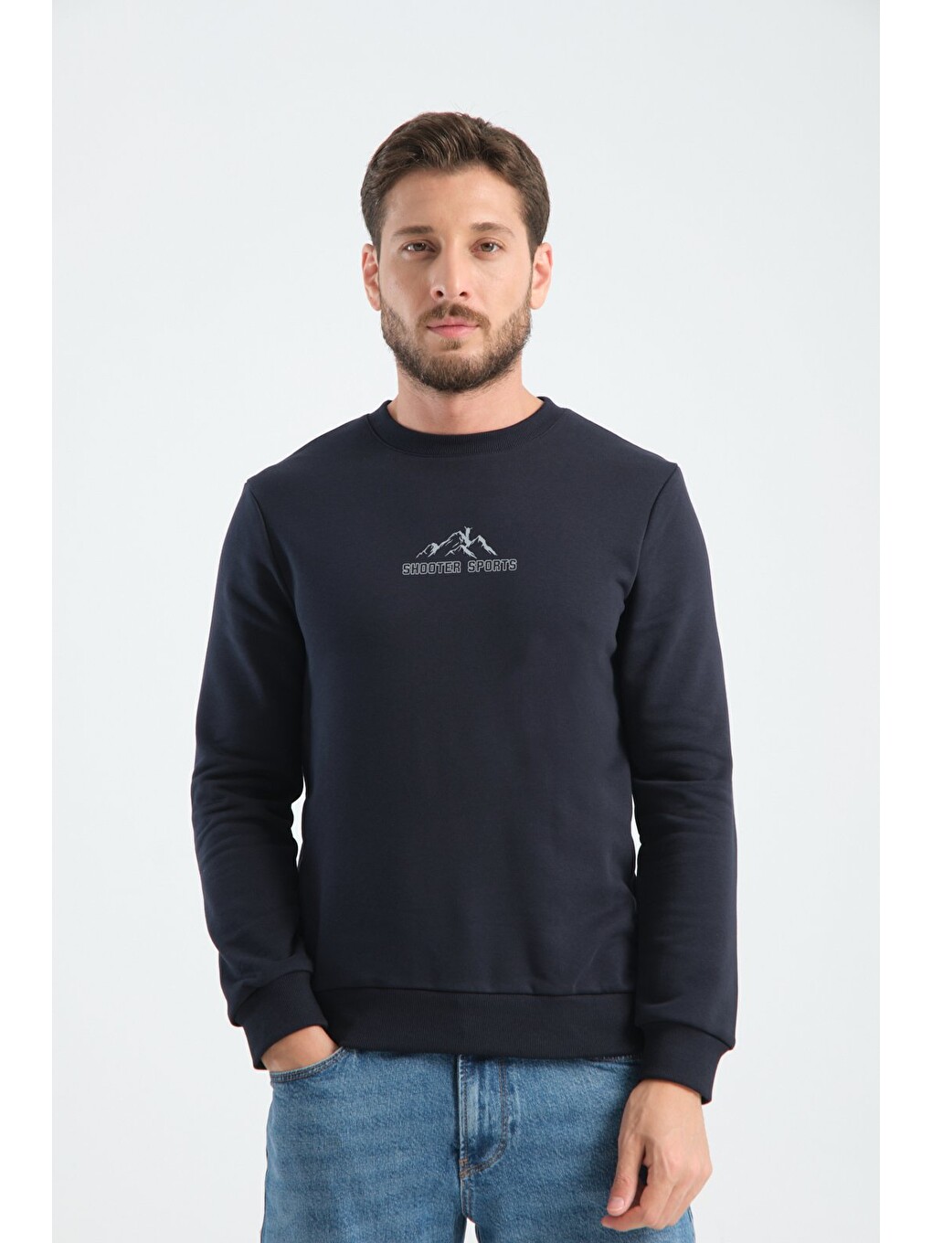 Lacivert Erkek Üç İplik Sweatshirt Şardonsuz Pamuklu Regular Fit Bisiklet Yaka Spor Sweat