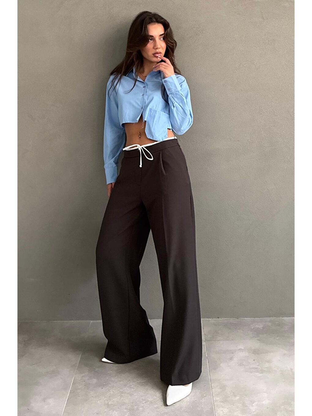 Kahverengi Acı Kahve Çift Bel Bantlı Wide Leg Kadın Pantolon Mg2551