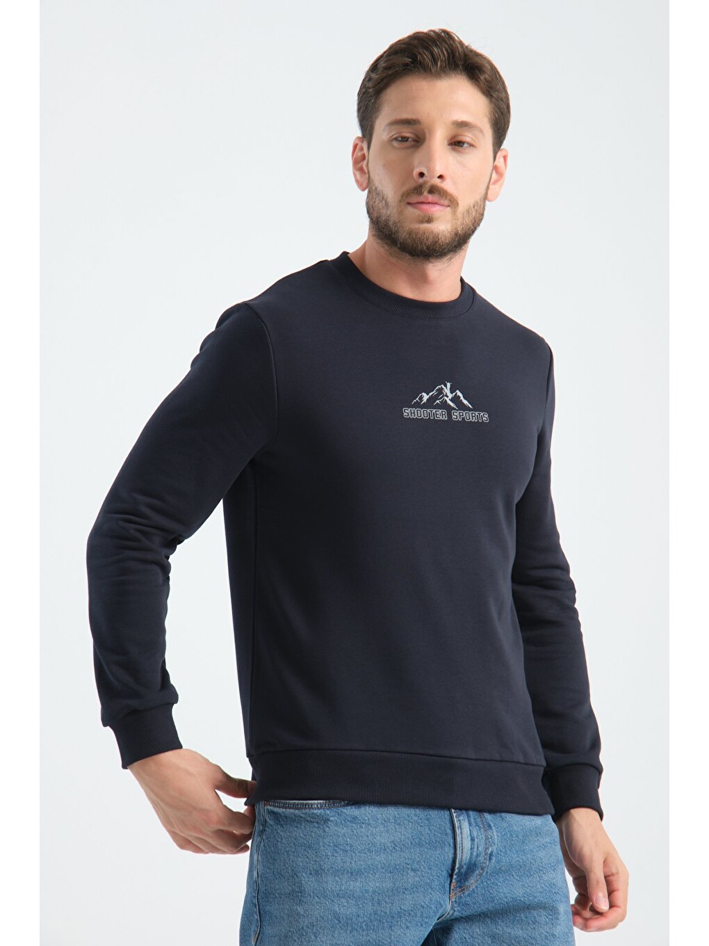 Lacivert Erkek Üç İplik Sweatshirt Şardonsuz Pamuklu Regular Fit Bisiklet Yaka Spor Sweat-1