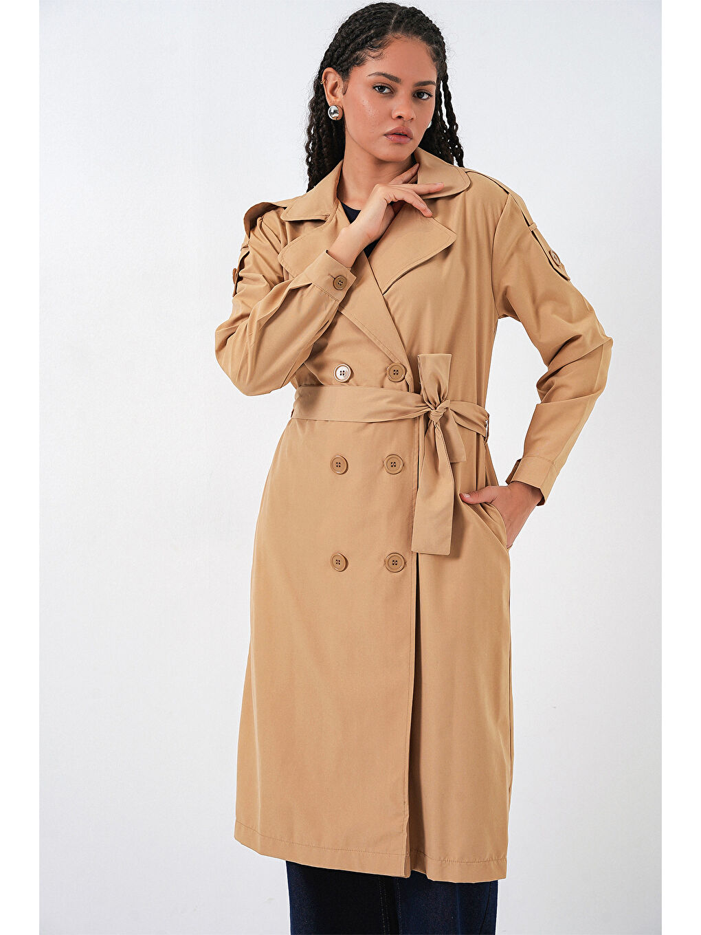Kahverengi Kadın Kruvaze Yaka Trençkot 5978 - Taba-2