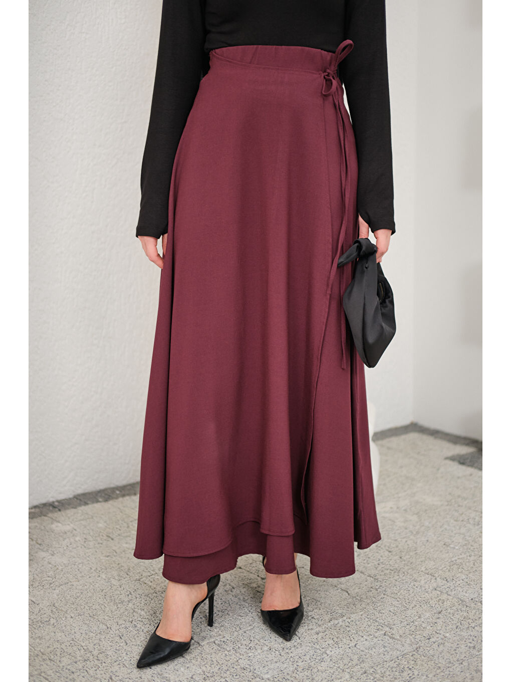 Kadın Yırtmaç Detay Kurdeleli Etek Bordo-3
