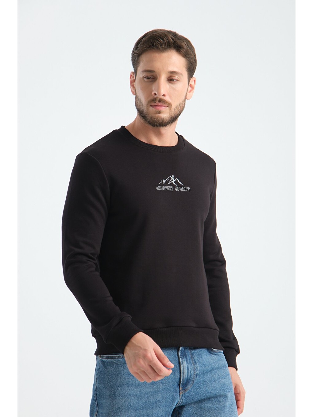 Siyah Erkek Üç İplik Sweatshirt Şardonsuz Pamuklu Regular Fit Bisiklet Yaka Spor Sweat-1