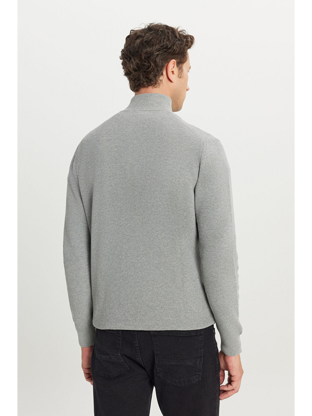 Erkek Gri Melanj Pamuklu Standart Fit Normal Kesim Bato Yaka Jakarlı Triko Kazak-4