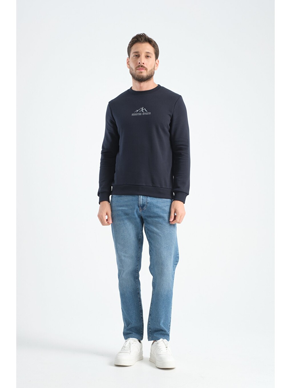 Lacivert Erkek Üç İplik Sweatshirt Şardonsuz Pamuklu Regular Fit Bisiklet Yaka Spor Sweat-3