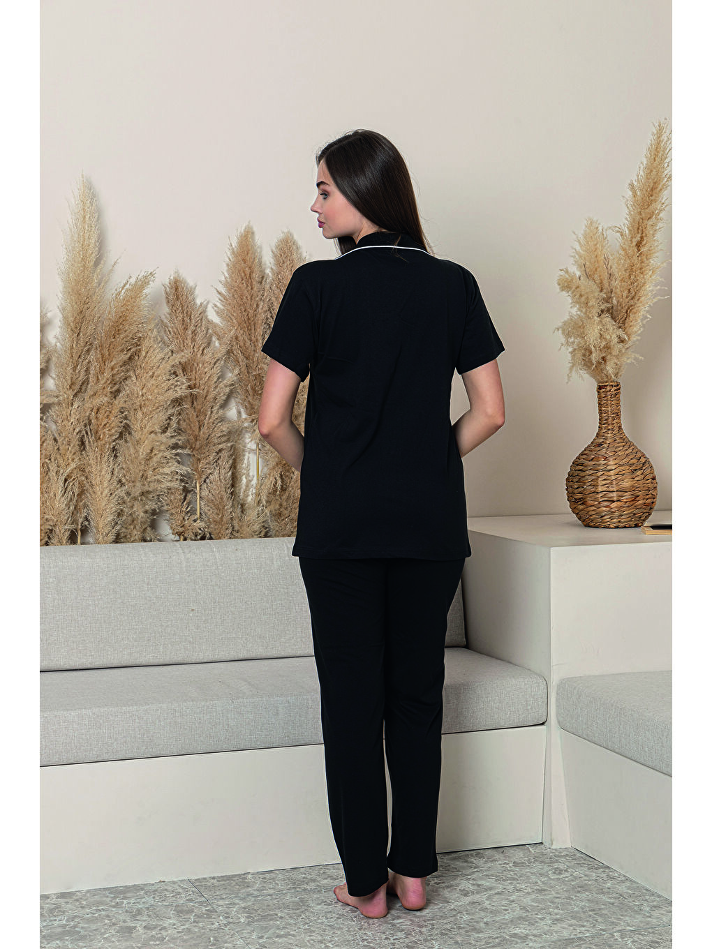 Siyah Kadın %100 Organik Pamuk Doğal Gömlek Yaka Düğmeli Kısa Kollu Biyeli Pijama Takımı-1