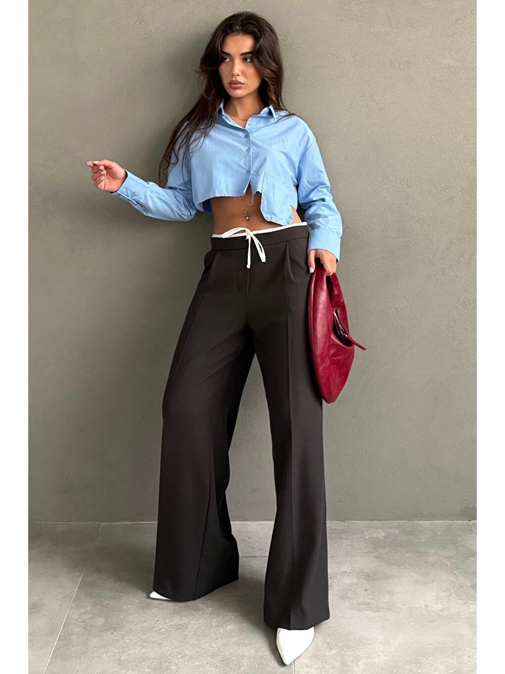 Kahverengi Acı Kahve Çift Bel Bantlı Wide Leg Kadın Pantolon Mg2551-1