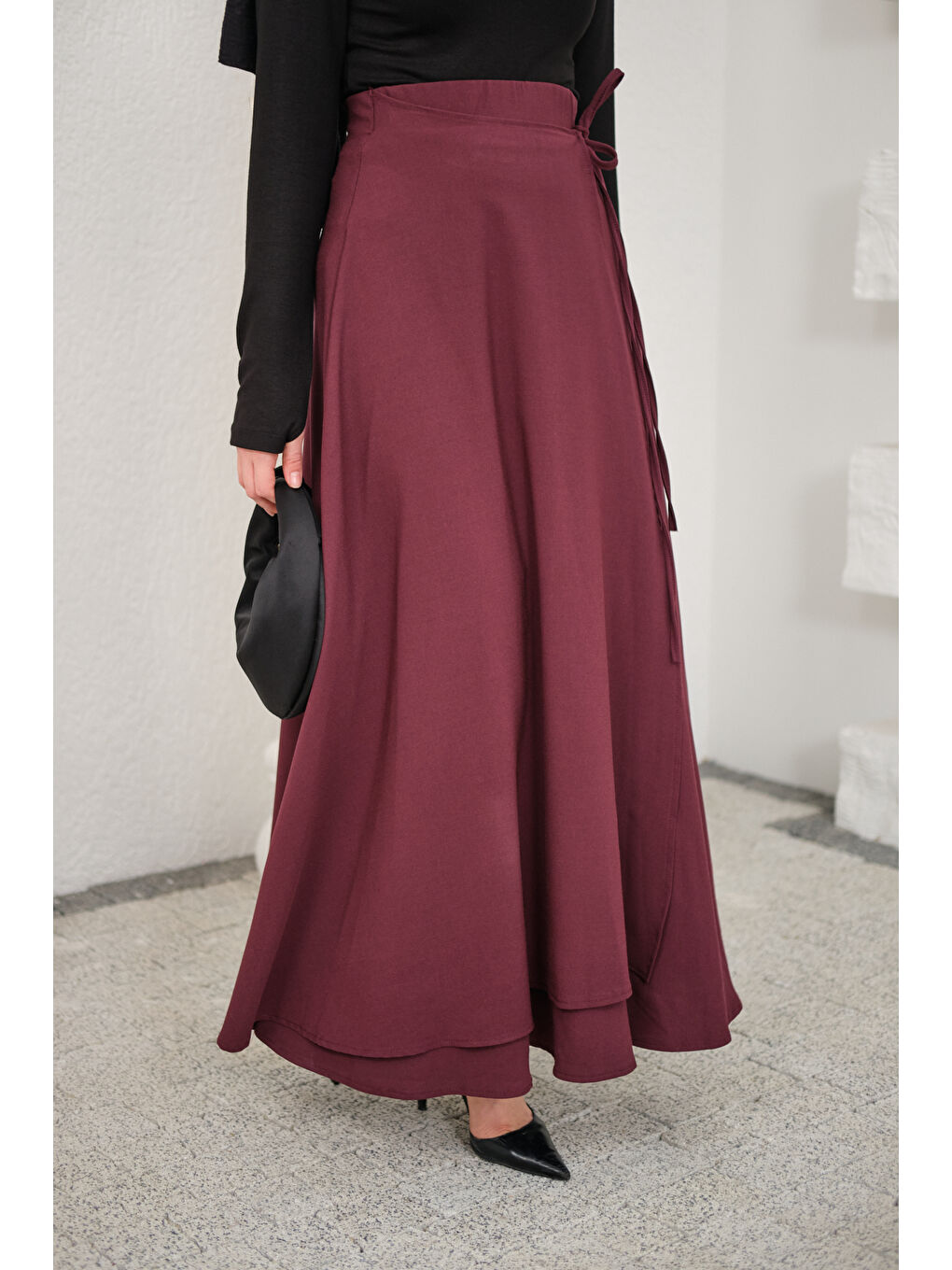 Kadın Yırtmaç Detay Kurdeleli Etek Bordo-4