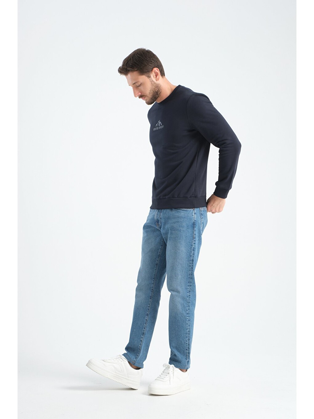 Lacivert Erkek Üç İplik Sweatshirt Şardonsuz Pamuklu Regular Fit Bisiklet Yaka Spor Sweat-5