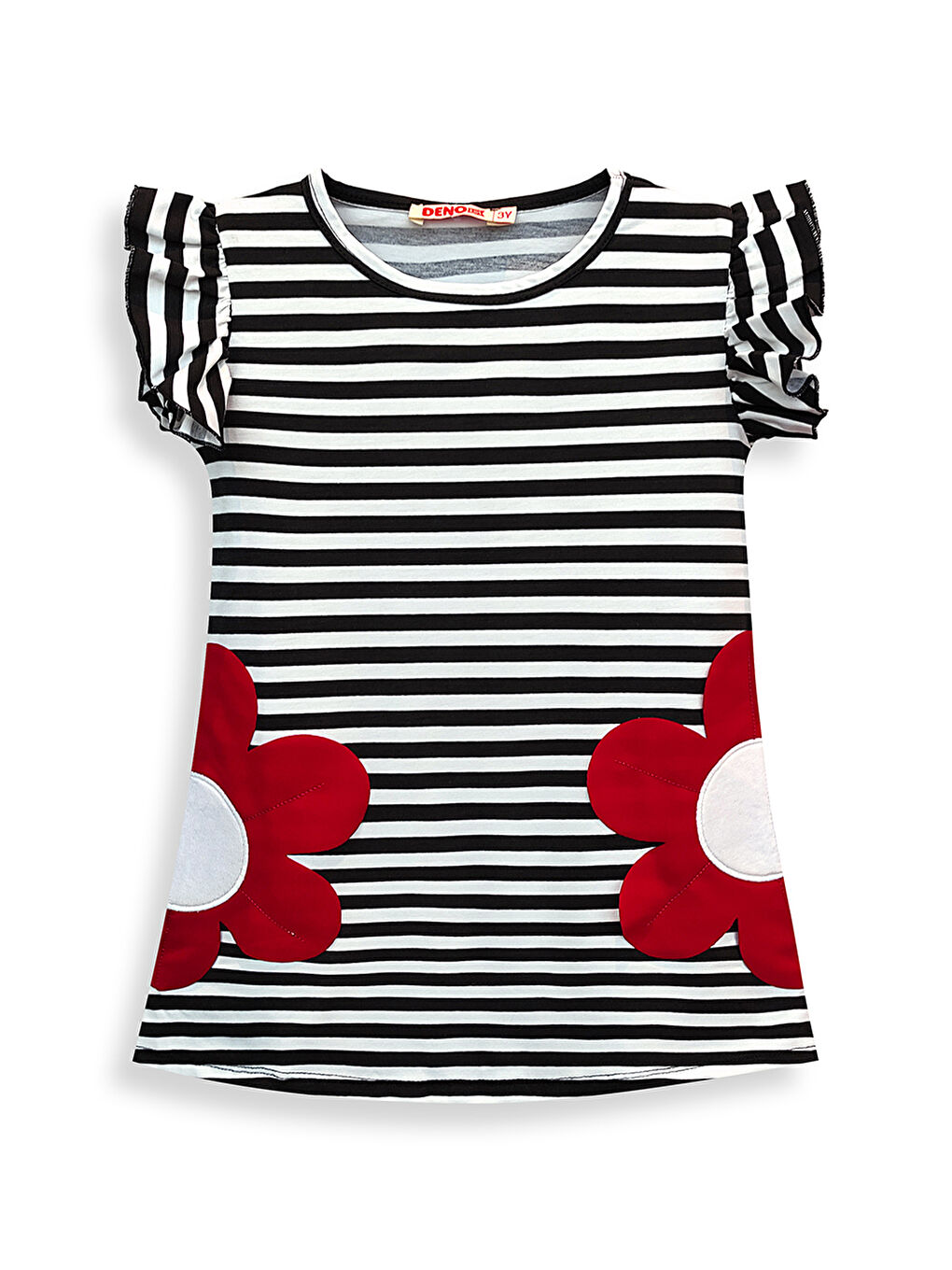 Karışık Siyah Beyaz Çizgili Kırmızı Papatya Cepli Kız Çocuk Elbise