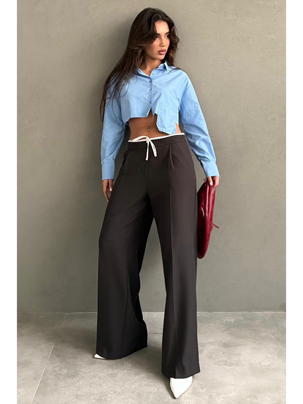 Kahverengi Acı Kahve Çift Bel Bantlı Wide Leg Kadın Pantolon Mg2551-2