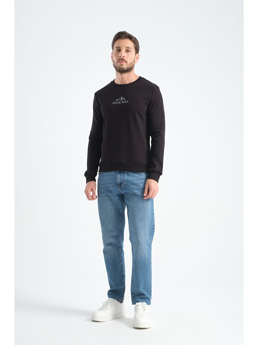 Siyah Erkek Üç İplik Sweatshirt Şardonsuz Pamuklu Regular Fit Bisiklet Yaka Spor Sweat-2