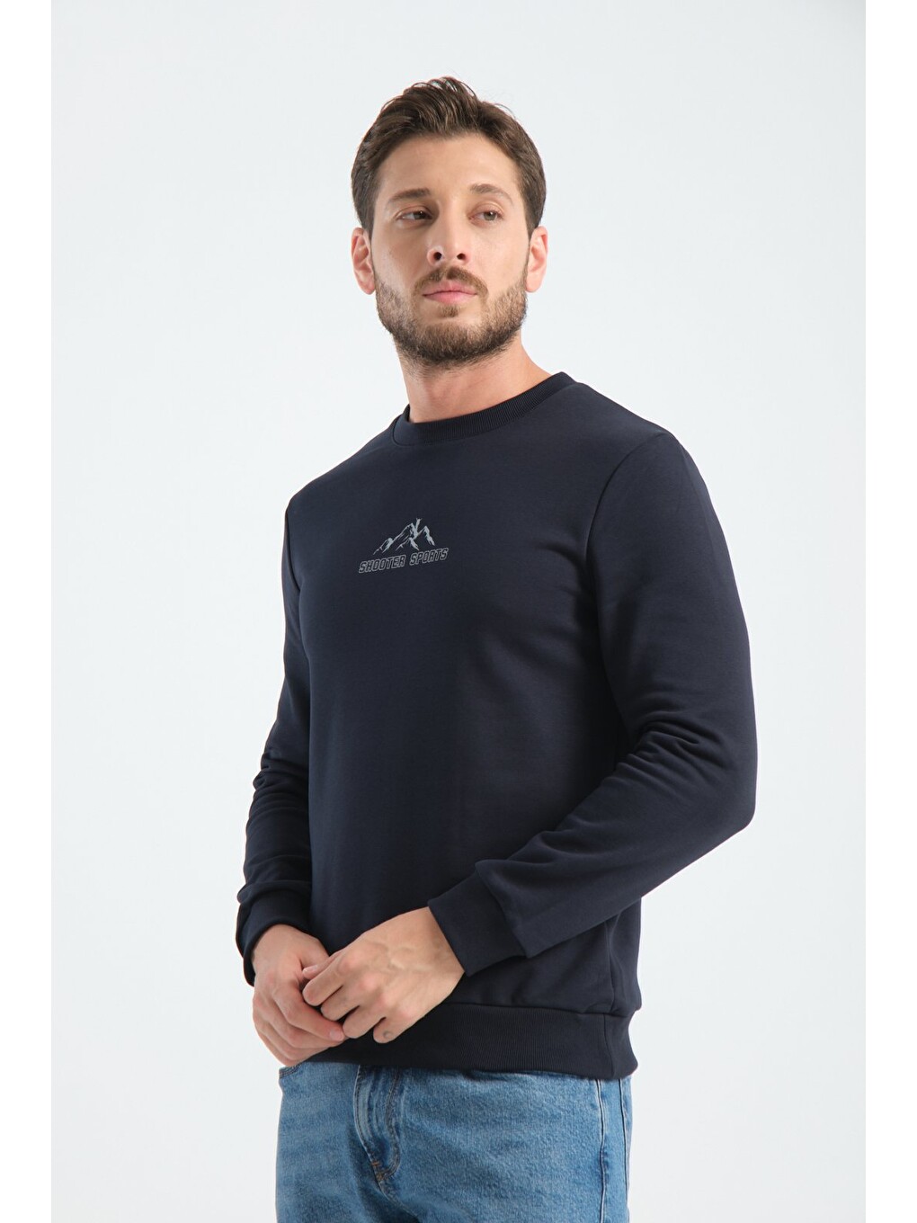 Lacivert Erkek Üç İplik Sweatshirt Şardonsuz Pamuklu Regular Fit Bisiklet Yaka Spor Sweat-6