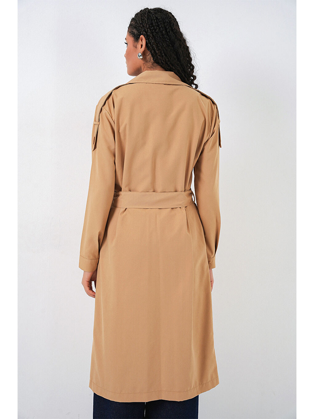 Kahverengi Kadın Kruvaze Yaka Trençkot 5978 - Taba-4