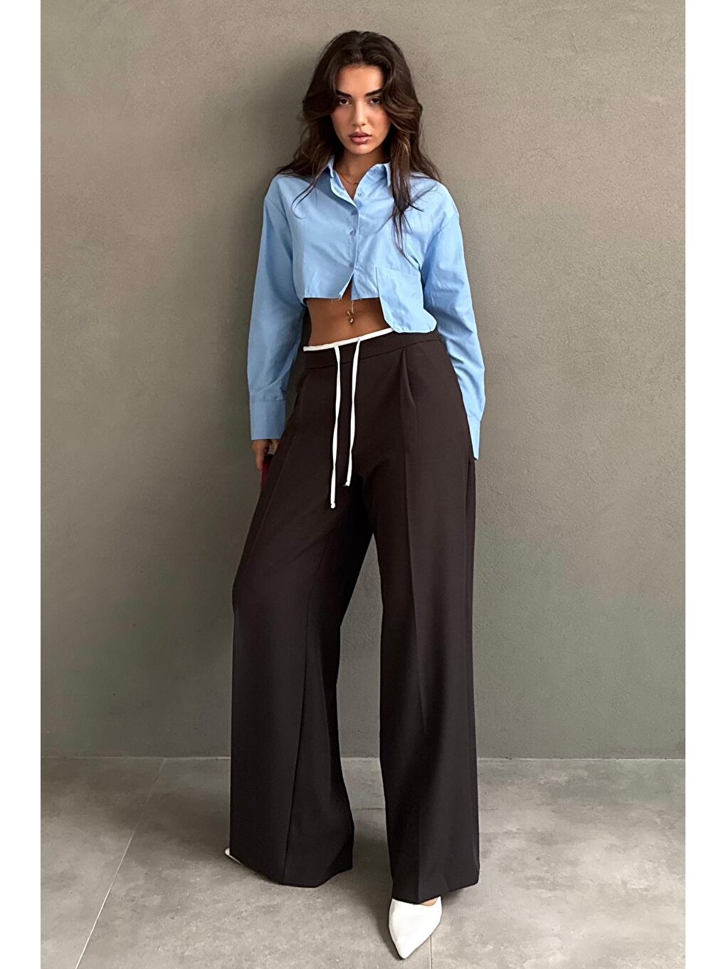 Kahverengi Acı Kahve Çift Bel Bantlı Wide Leg Kadın Pantolon Mg2551-3